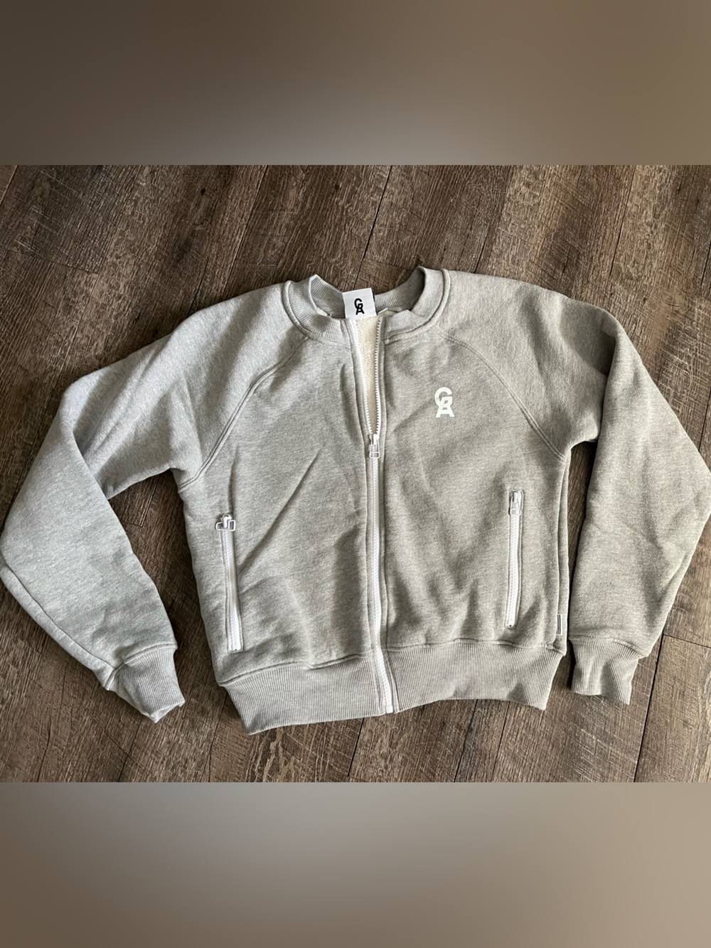 Good American Light Gray Full-Zip Sweatshirt Jacket